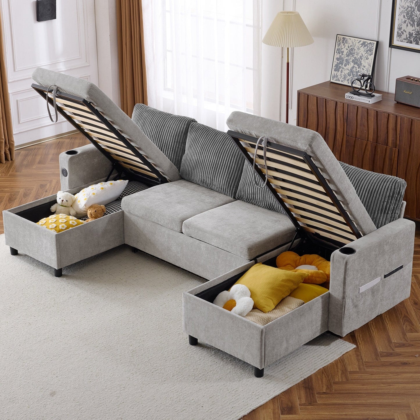 Canapé-lit sectionnel multifonctionnel avec canapé-lit gigogne, deux méridiennes de rangement, ports USB et porte-gobelets pour le salon