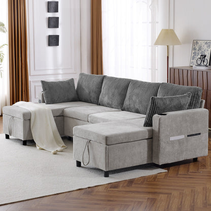 Canapé-lit sectionnel multifonctionnel avec canapé-lit gigogne, deux méridiennes de rangement, ports USB et porte-gobelets pour le salon
