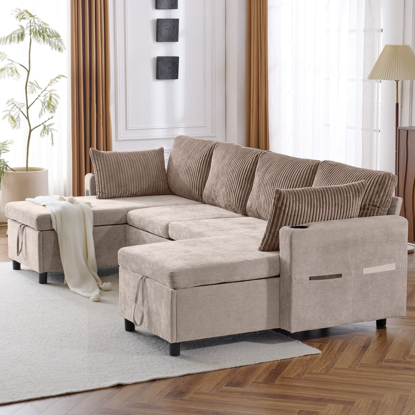 Canapé-lit sectionnel multifonctionnel avec canapé-lit gigogne, deux méridiennes de rangement, ports USB et porte-gobelets pour le salon