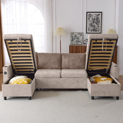 Canapé-lit sectionnel multifonctionnel avec canapé-lit gigogne, deux méridiennes de rangement, ports USB et porte-gobelets pour le salon