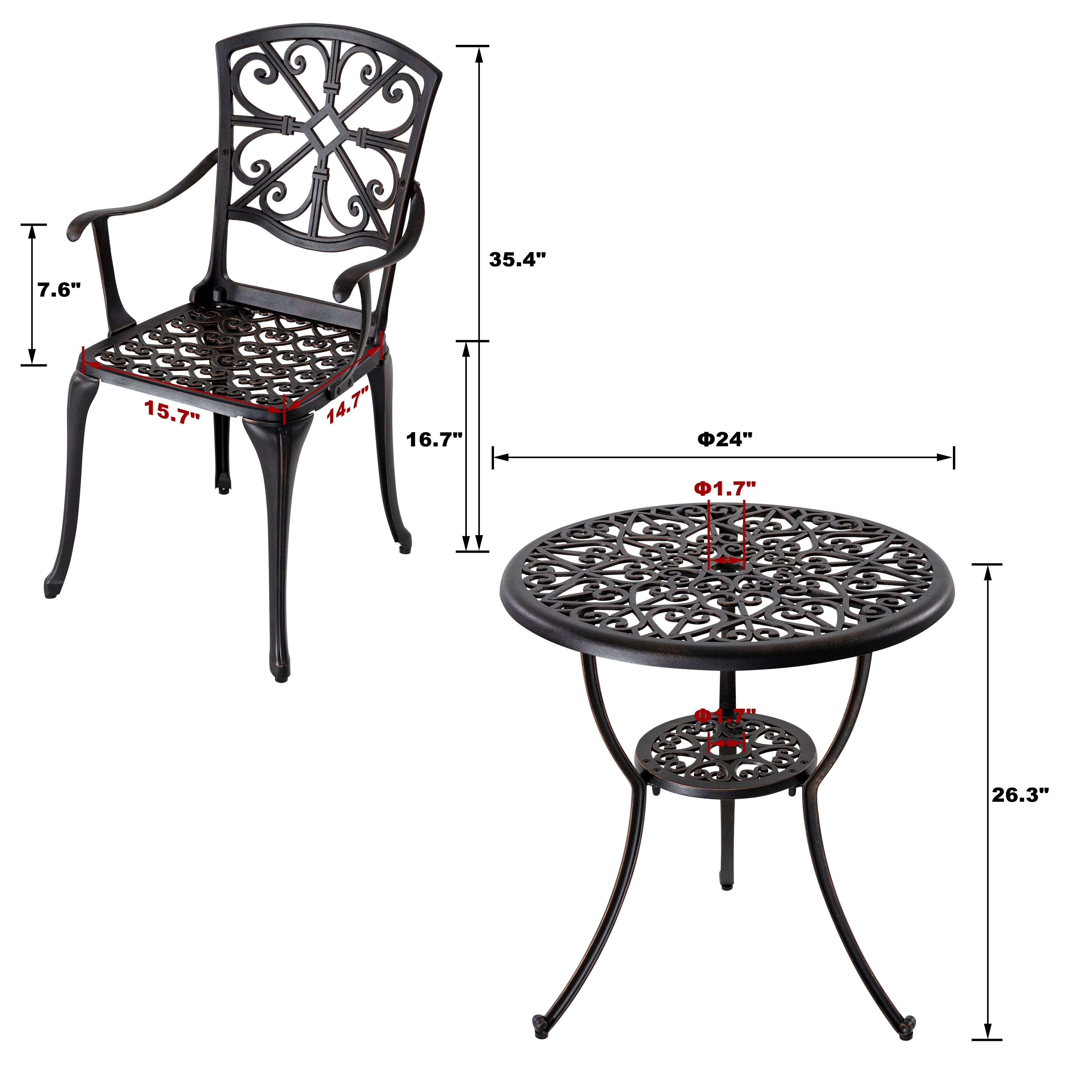 Ensemble de patio extérieur 3 pièces en aluminium moulé avec trou pour parasol de 1,77 po