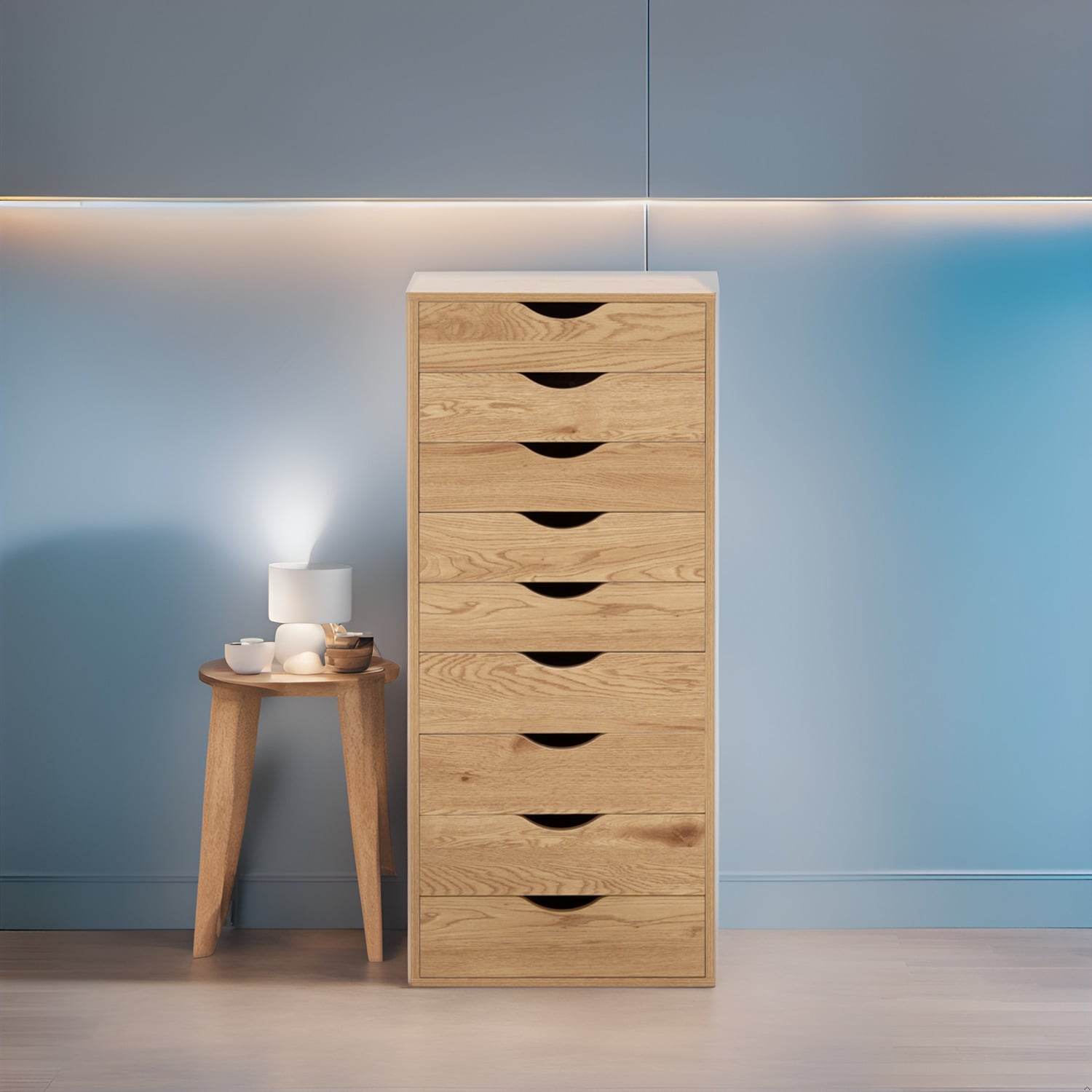 Armoire étroite en bois à 9 tiroirs avec tiroirs coulissants en douceur et étagère de rangement supérieure