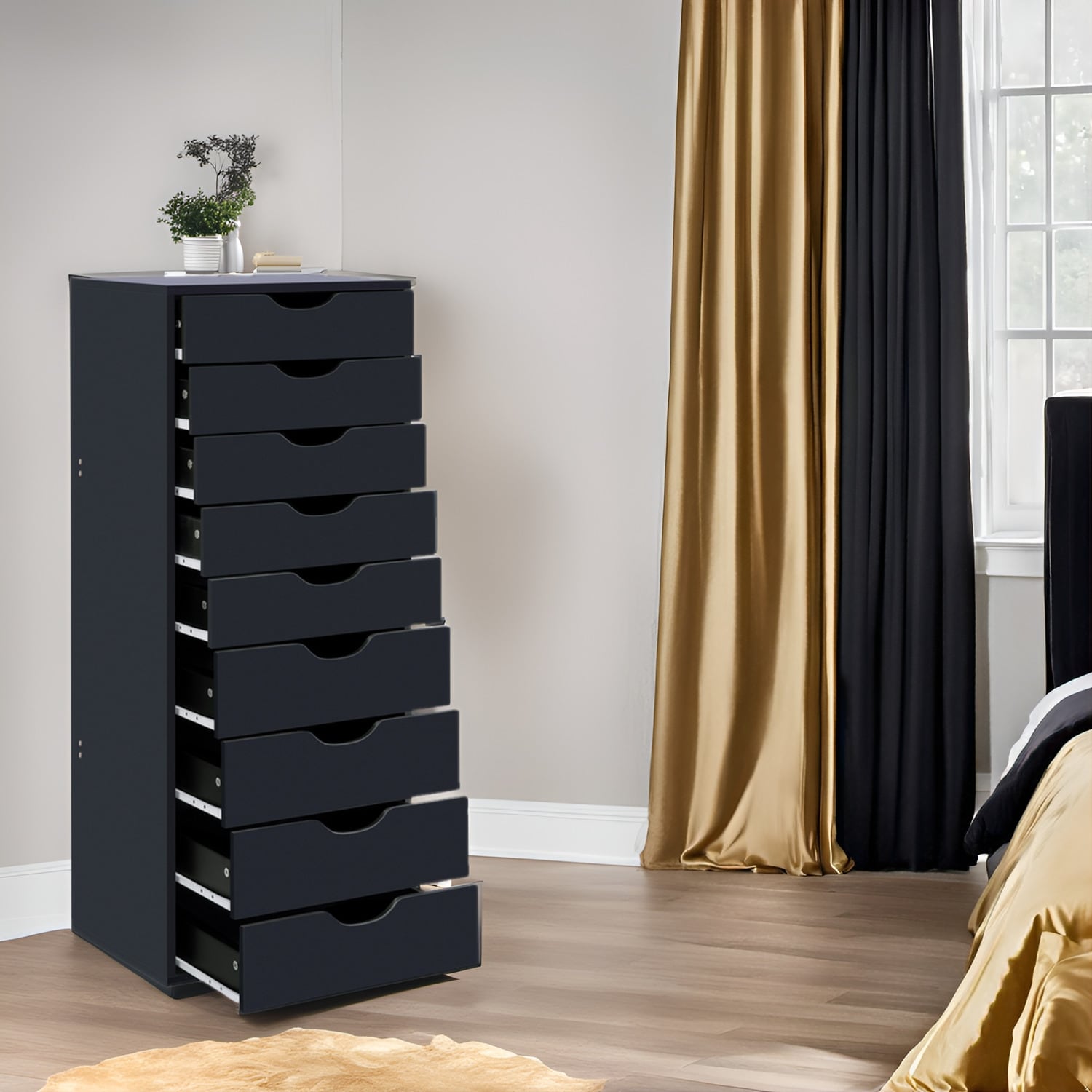 Armoire étroite en bois à 9 tiroirs avec tiroirs coulissants en douceur et étagère de rangement supérieure
