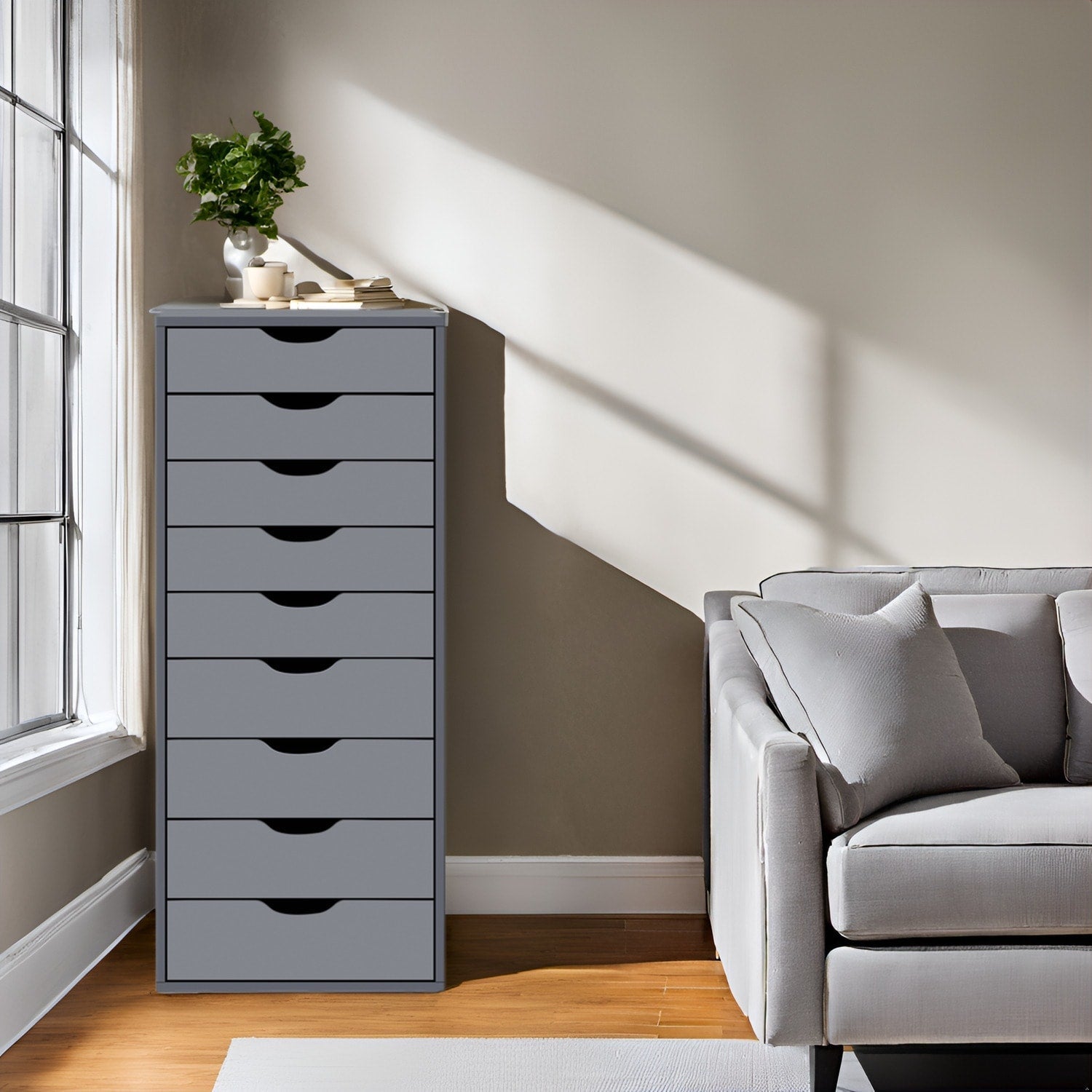 Armoire étroite en bois à 9 tiroirs avec tiroirs coulissants en douceur et étagère de rangement supérieure