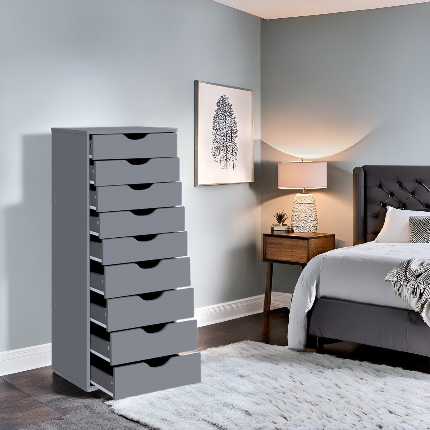 Armoire étroite en bois à 9 tiroirs avec tiroirs coulissants en douceur et étagère de rangement supérieure