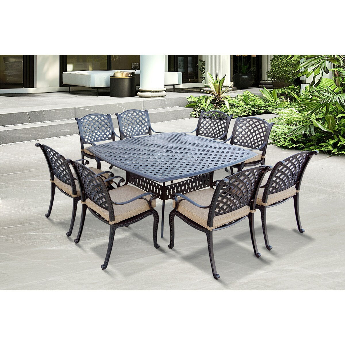 Ensemble de salle à manger de patio Nassau 9 pièces avec coussins sésame et table à manger carrée de 64 po