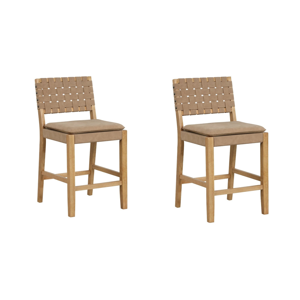 Tabouret de bar ou de comptoir en similicuir Nathan James Cohen, structure en bois massif avec repose-pieds et dossier en cuir tressé