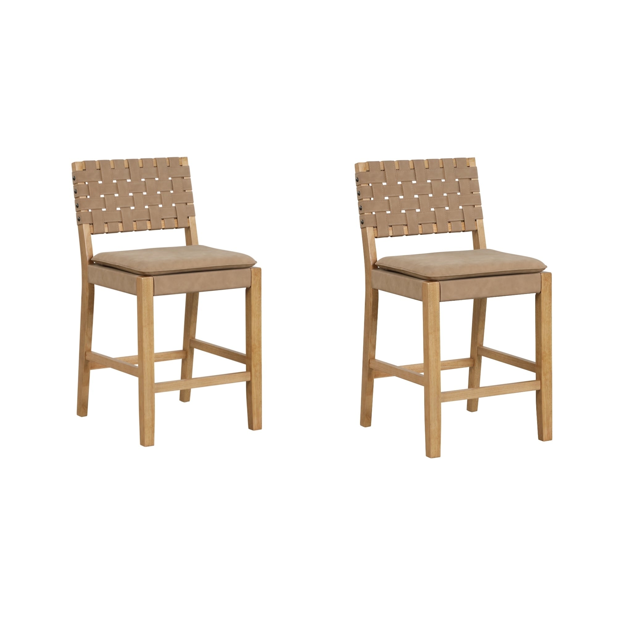 Tabouret de bar ou de comptoir en similicuir Nathan James Cohen, structure en bois massif avec repose-pieds et dossier en cuir tressé