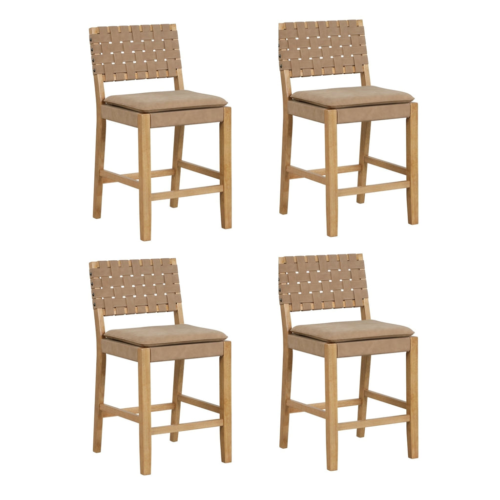 Tabouret de bar ou de comptoir en similicuir Nathan James Cohen, structure en bois massif avec repose-pieds et dossier en cuir tressé