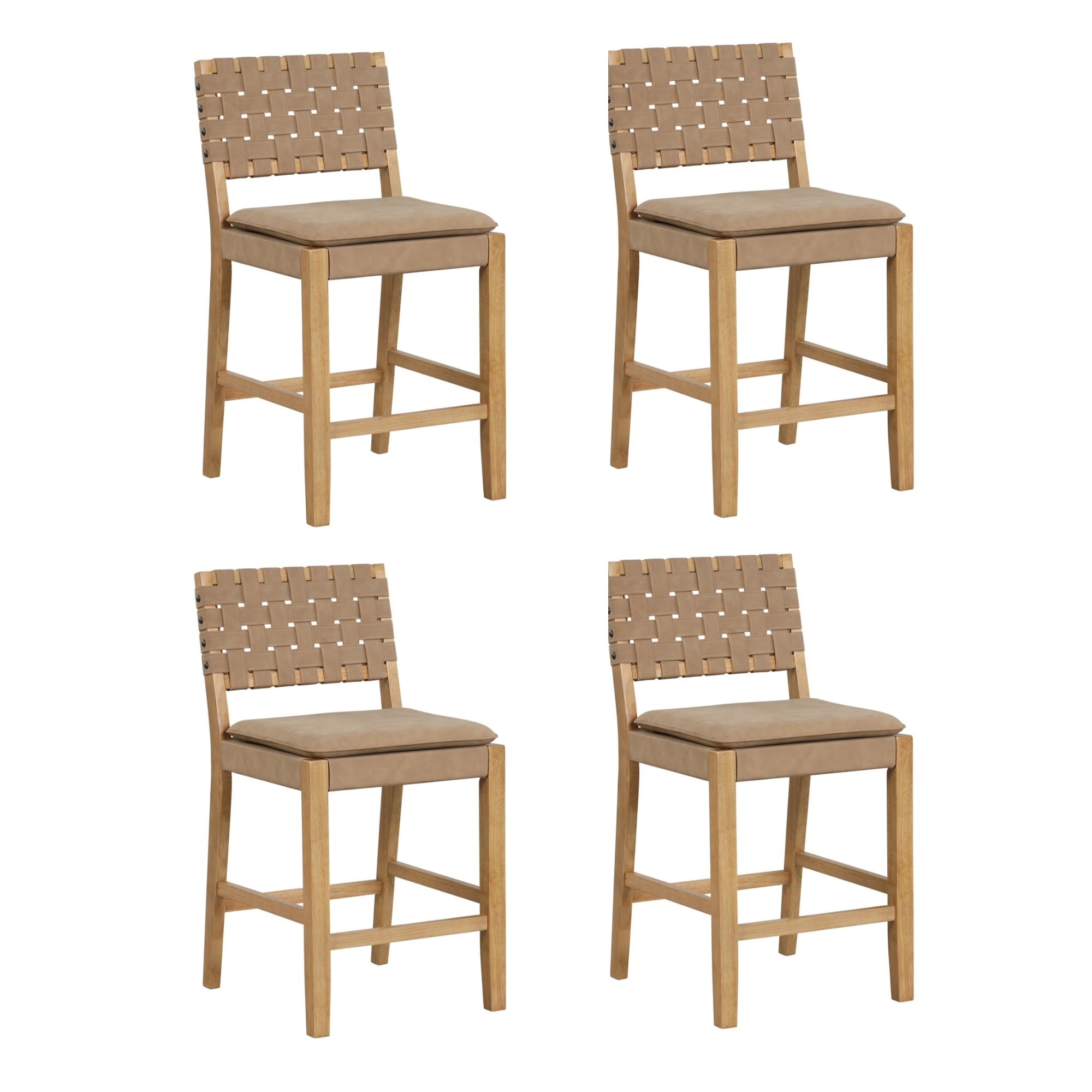 Tabouret de bar ou de comptoir en similicuir Nathan James Cohen, structure en bois massif avec repose-pieds et dossier en cuir tressé