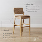 Tabouret de bar ou de comptoir en similicuir Nathan James Cohen, structure en bois massif avec repose-pieds et dossier en cuir tressé