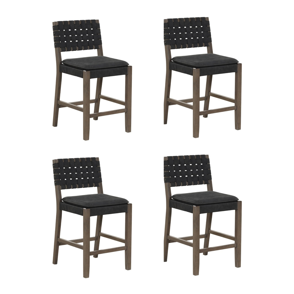 Tabouret de bar ou de comptoir en similicuir Nathan James Cohen, structure en bois massif avec repose-pieds et dossier en cuir tressé