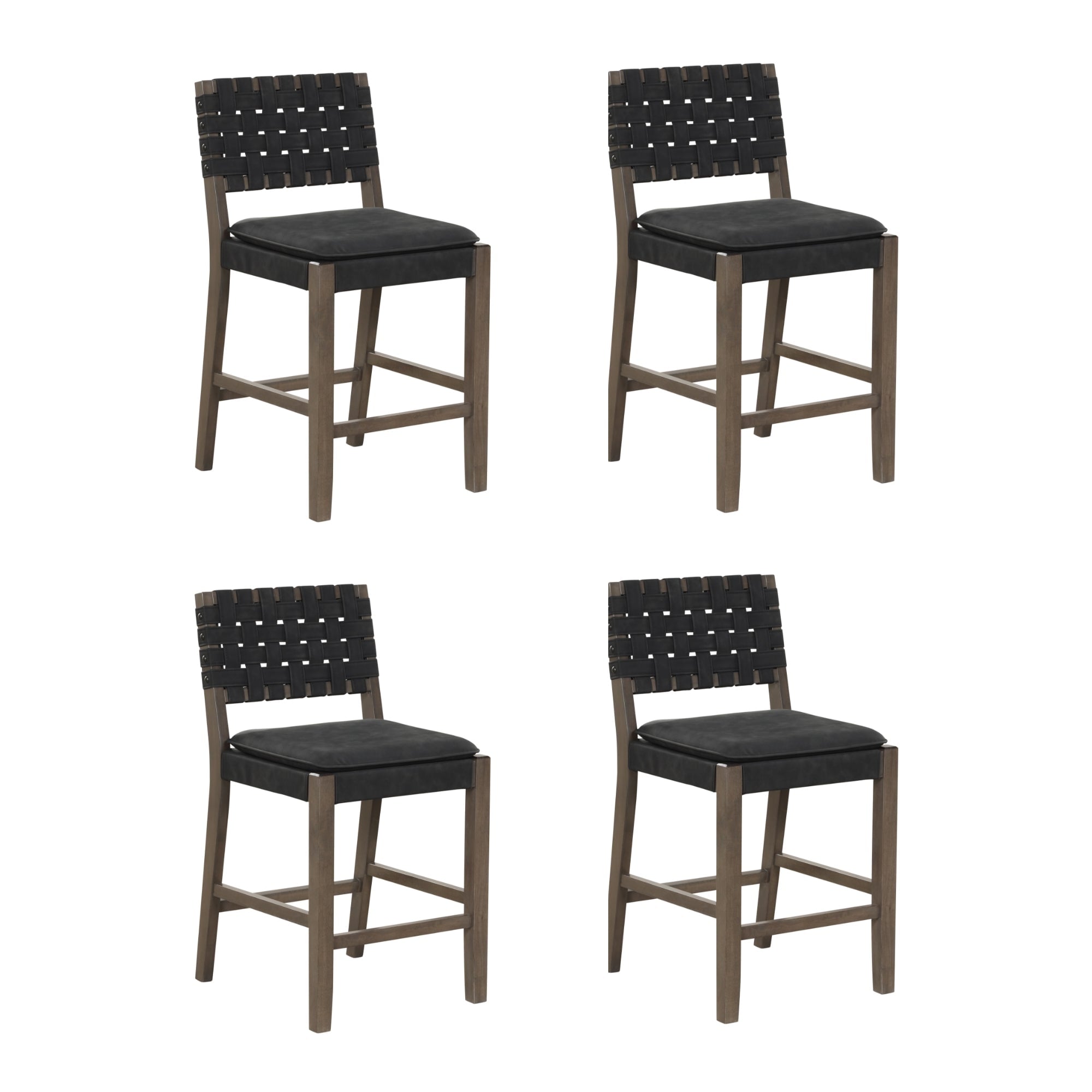 Tabouret de bar ou de comptoir en similicuir Nathan James Cohen, structure en bois massif avec repose-pieds et dossier en cuir tressé