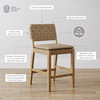 Tabouret de bar ou de comptoir en similicuir Nathan James Cohen, structure en bois massif avec repose-pieds et dossier en cuir tressé