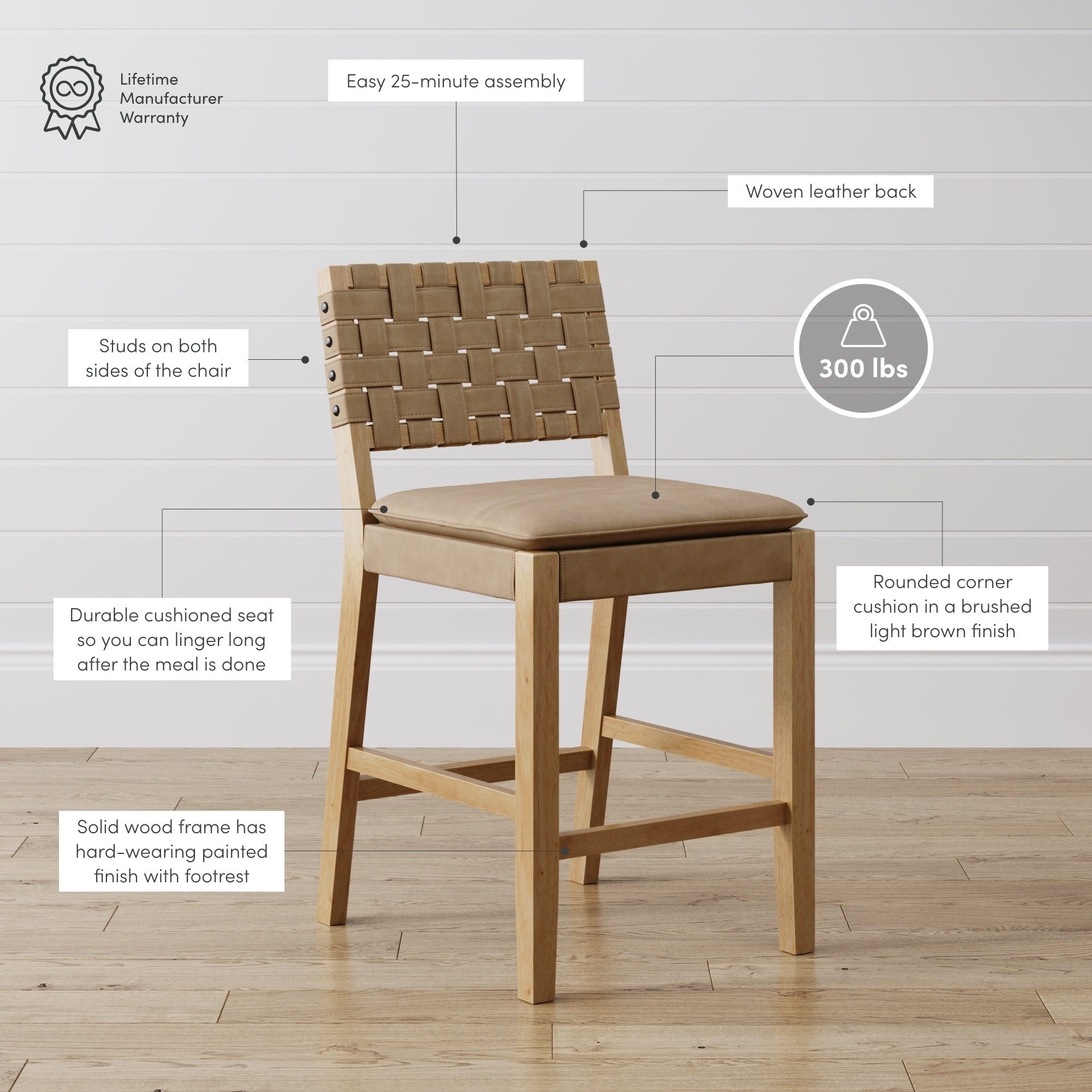 Tabouret de bar ou de comptoir en similicuir Nathan James Cohen, structure en bois massif avec repose-pieds et dossier en cuir tressé