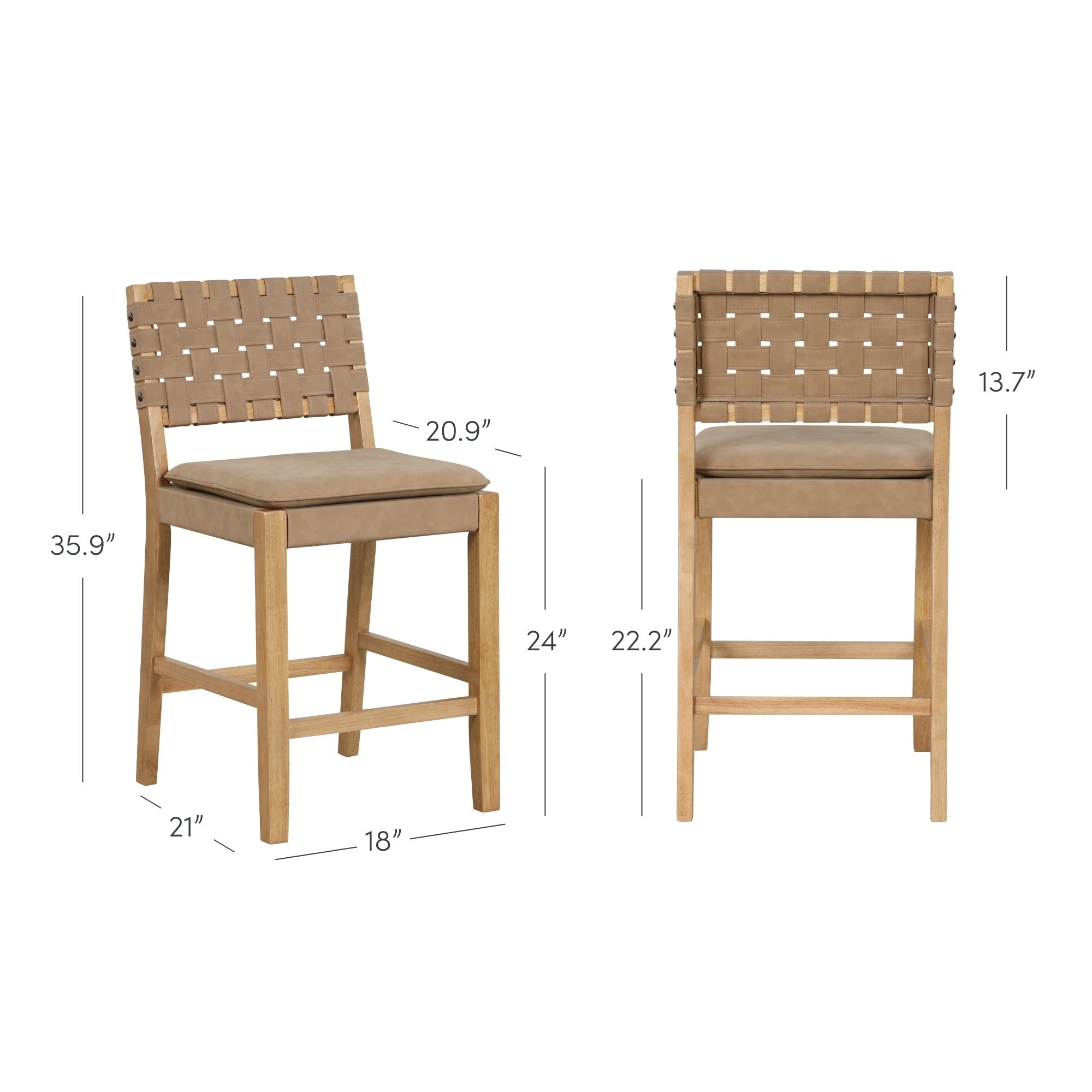 Tabouret de bar ou de comptoir en similicuir Nathan James Cohen, structure en bois massif avec repose-pieds et dossier en cuir tressé