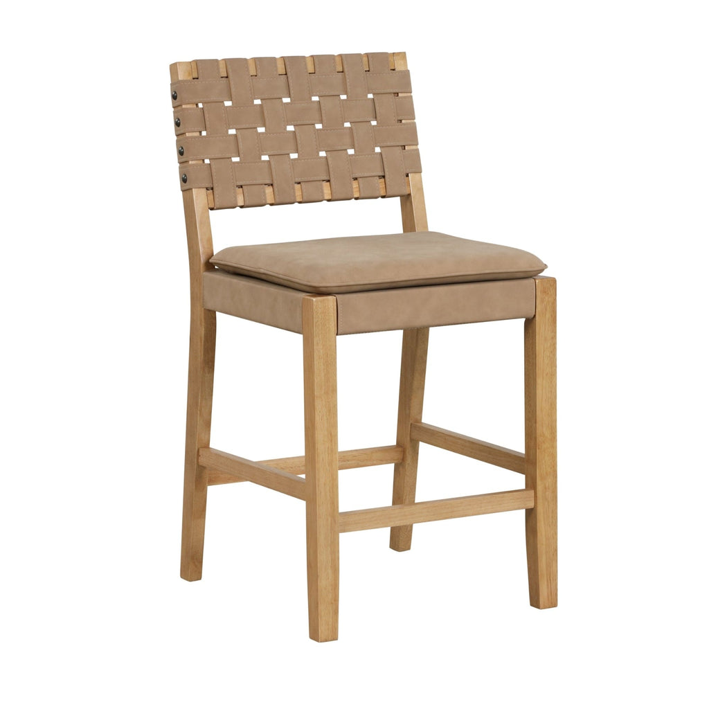Tabouret de bar ou de comptoir en similicuir Nathan James Cohen, structure en bois massif avec repose-pieds et dossier en cuir tressé