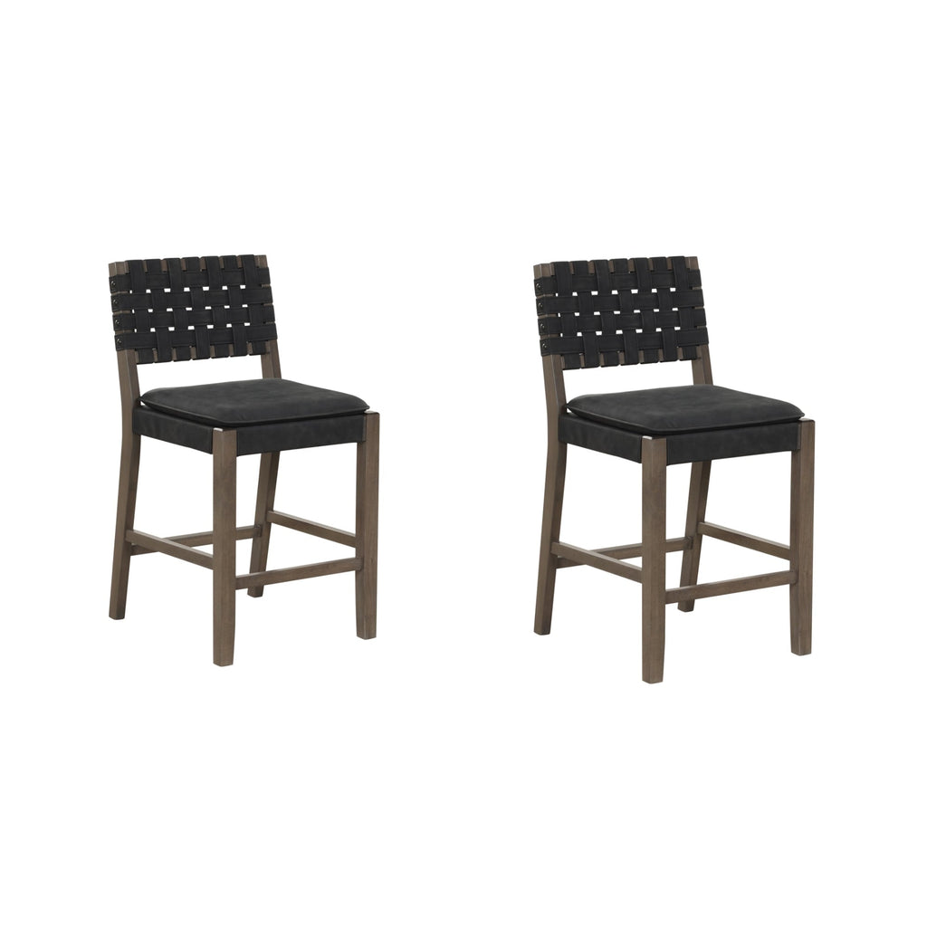 Tabouret de bar ou de comptoir en similicuir Nathan James Cohen, structure en bois massif avec repose-pieds et dossier en cuir tressé
