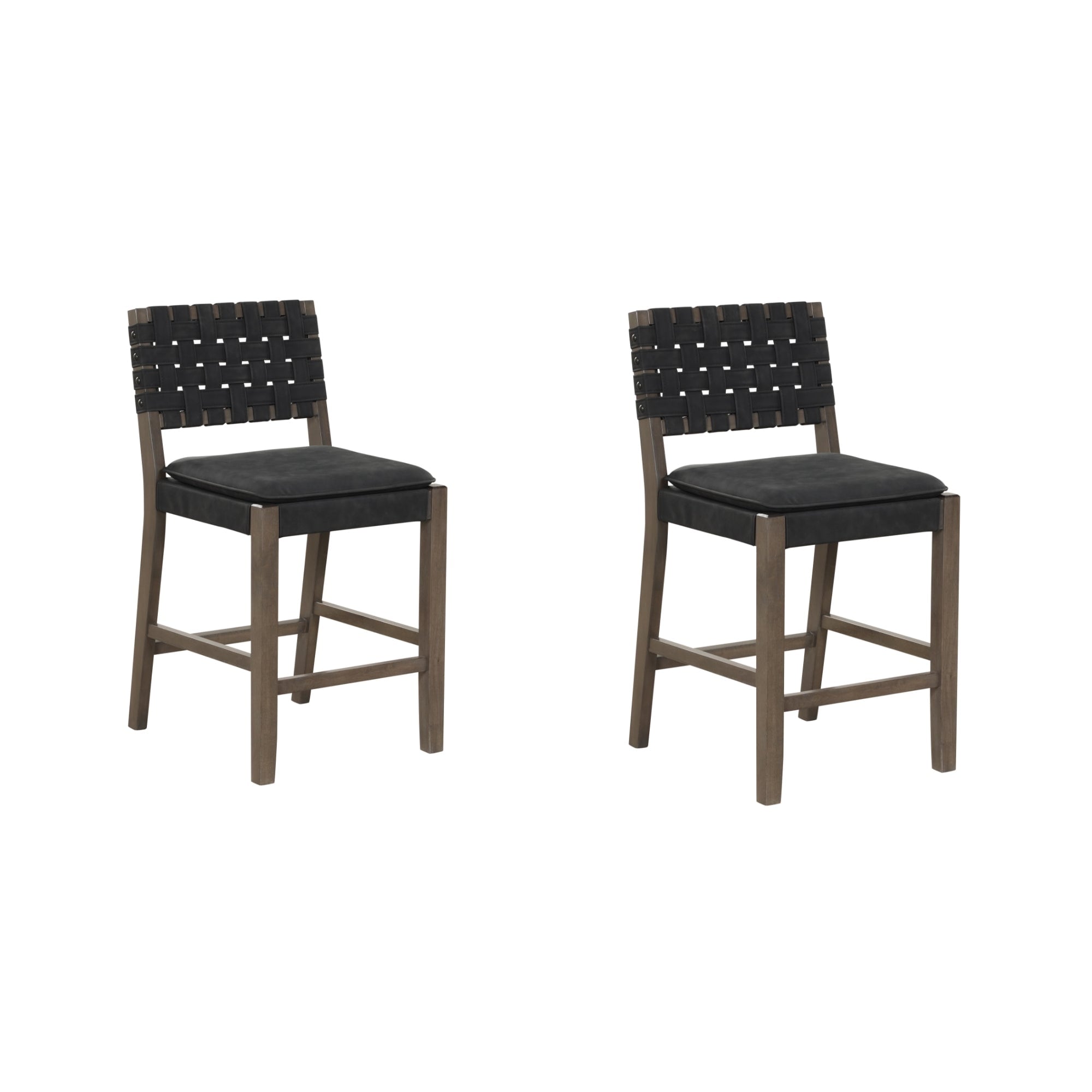 Tabouret de bar ou de comptoir en similicuir Nathan James Cohen, structure en bois massif avec repose-pieds et dossier en cuir tressé