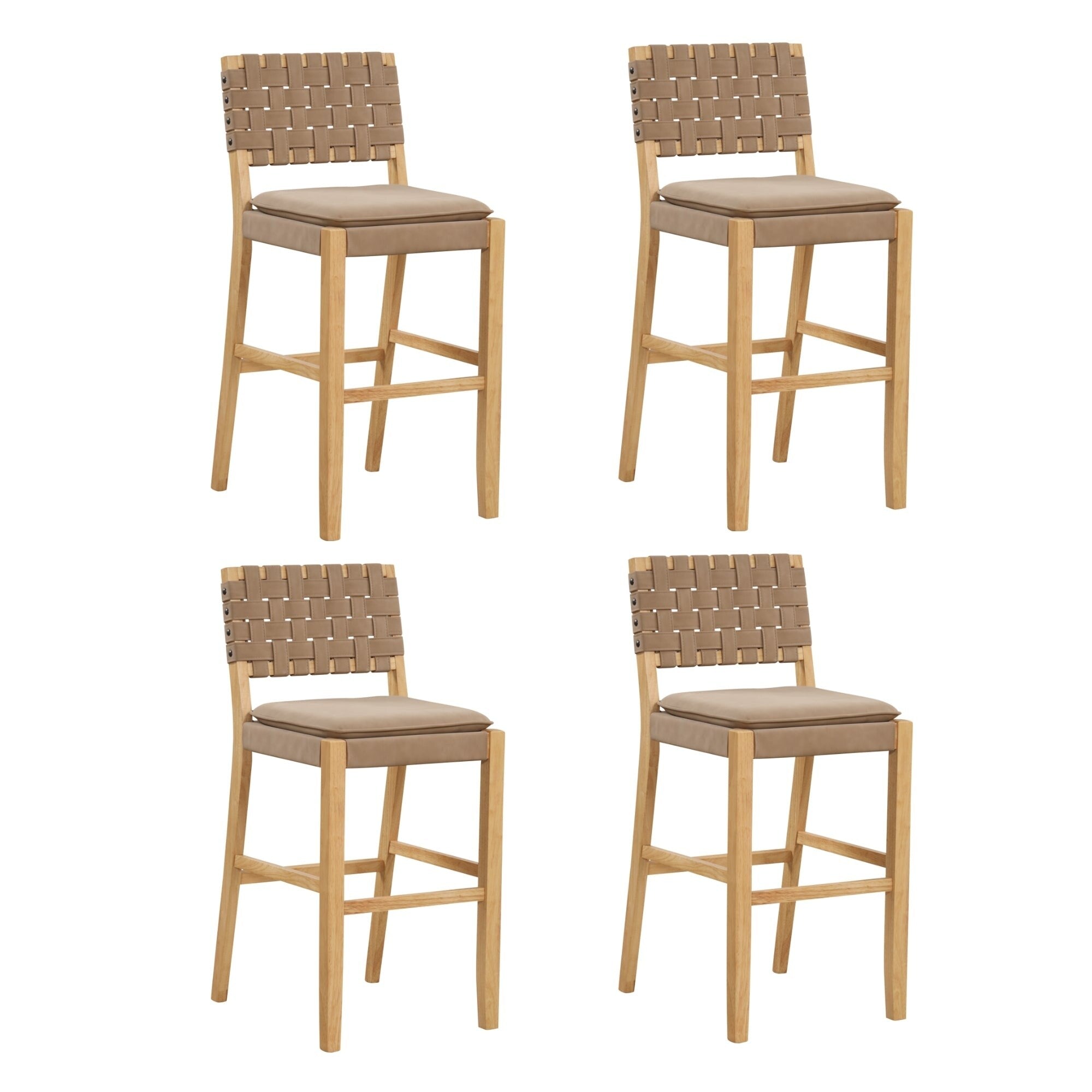 Tabouret de bar ou de comptoir en similicuir Nathan James Cohen, structure en bois massif avec repose-pieds et dossier en cuir tressé