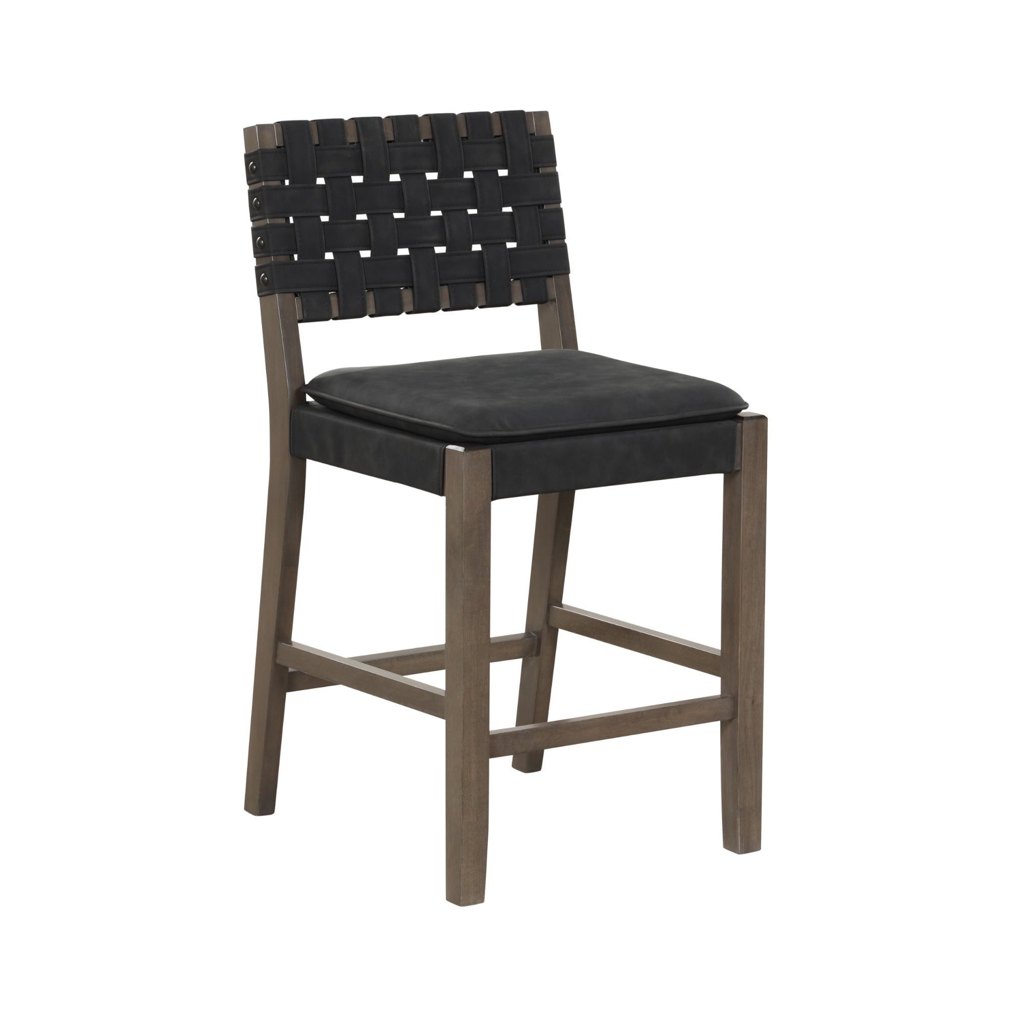 Tabouret de bar ou de comptoir en similicuir Nathan James Cohen, structure en bois massif avec repose-pieds et dossier en cuir tressé