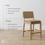 Tabouret de bar ou de comptoir en similicuir Nathan James Cohen, structure en bois massif avec repose-pieds et dossier en cuir tressé