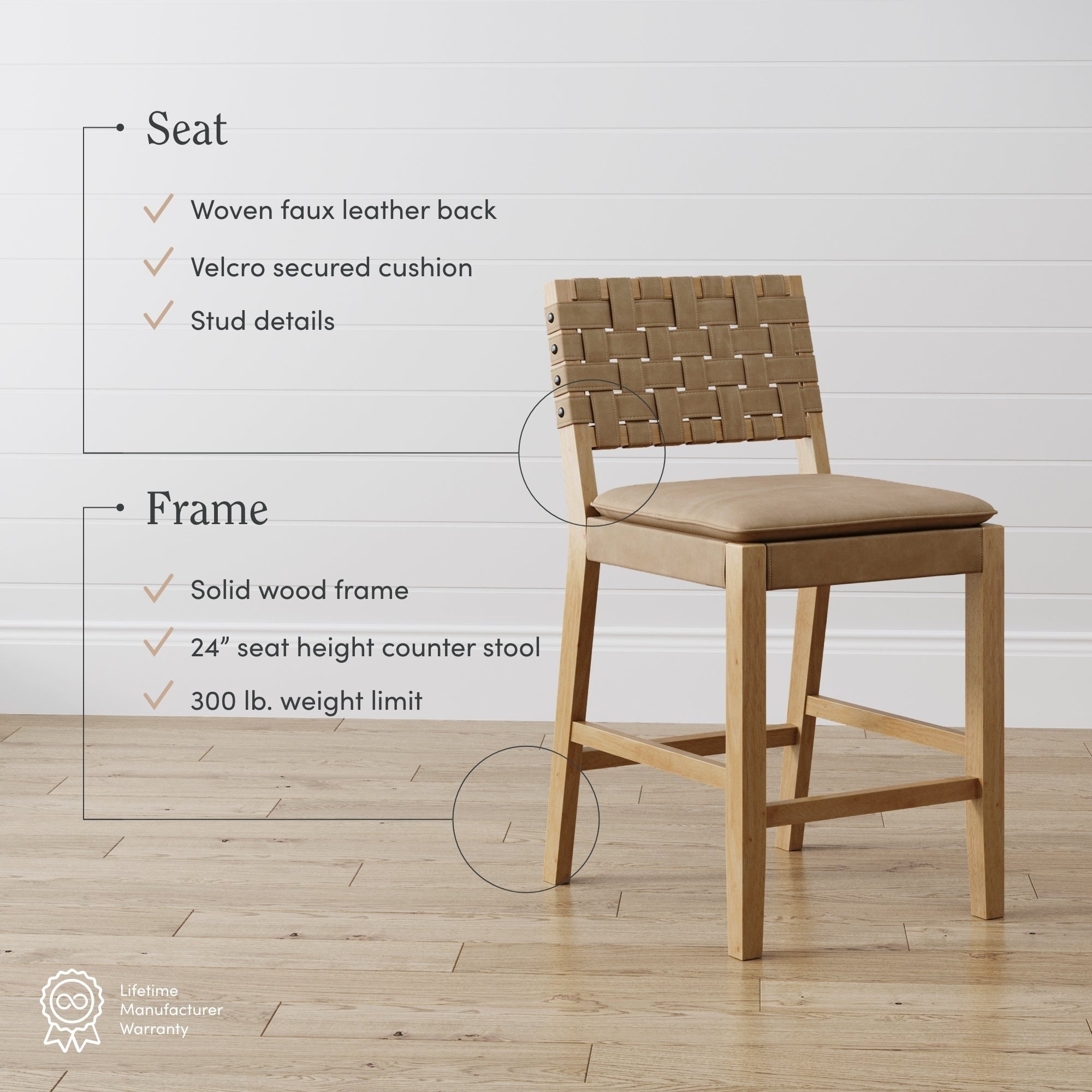 Tabouret de bar ou de comptoir en similicuir Nathan James Cohen, structure en bois massif avec repose-pieds et dossier en cuir tressé