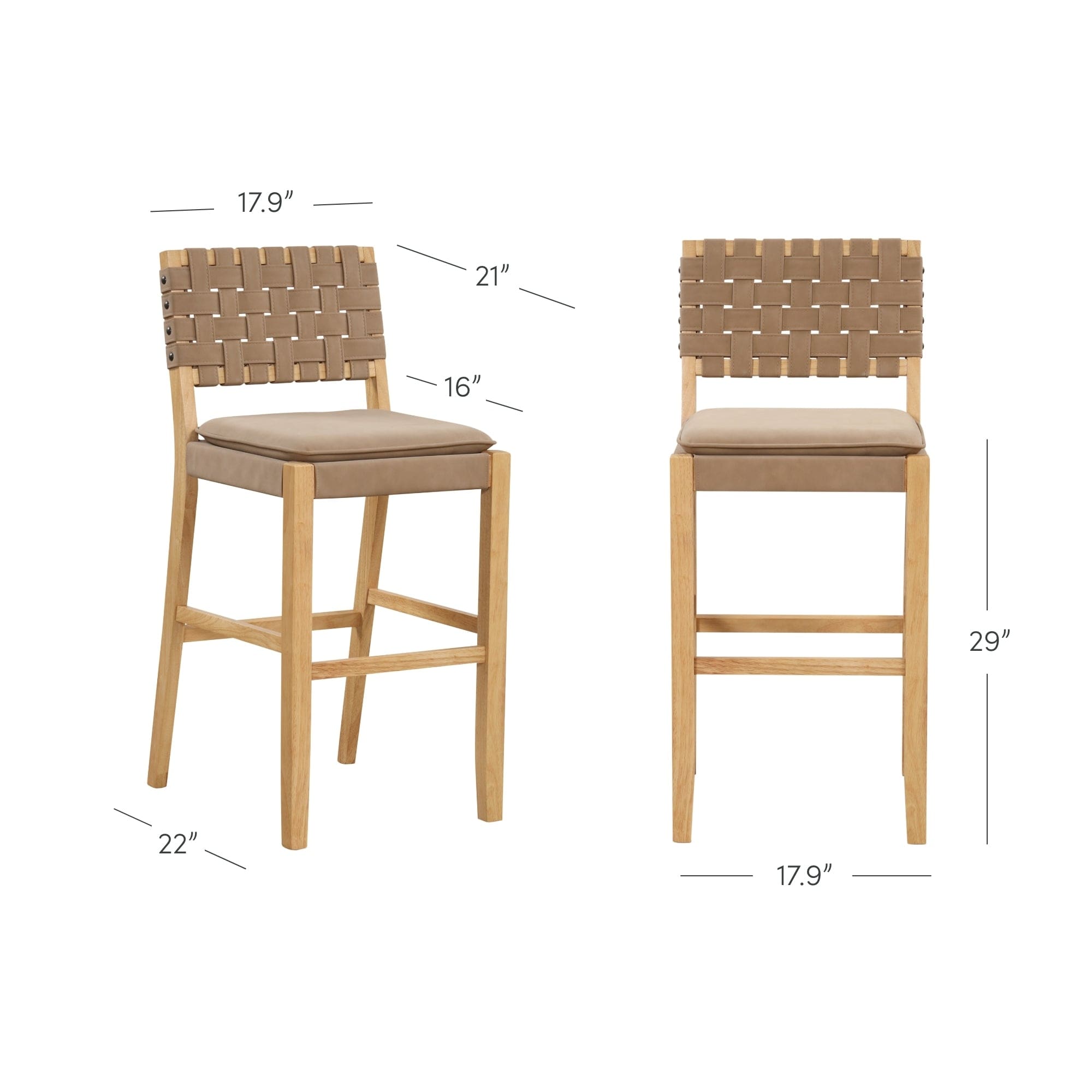 Tabouret de bar ou de comptoir en similicuir Nathan James Cohen, structure en bois massif avec repose-pieds et dossier en cuir tressé