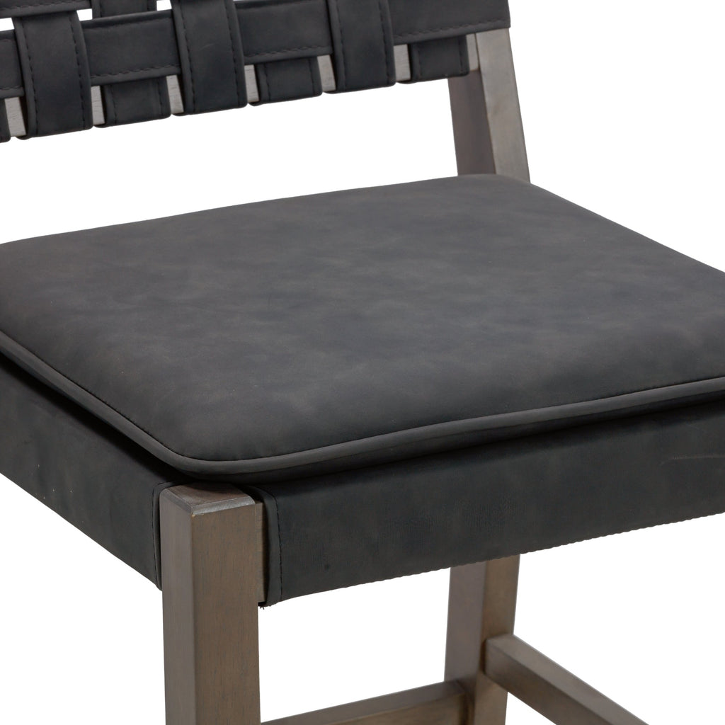 Tabouret de bar ou de comptoir en similicuir Nathan James Cohen, structure en bois massif avec repose-pieds et dossier en cuir tressé