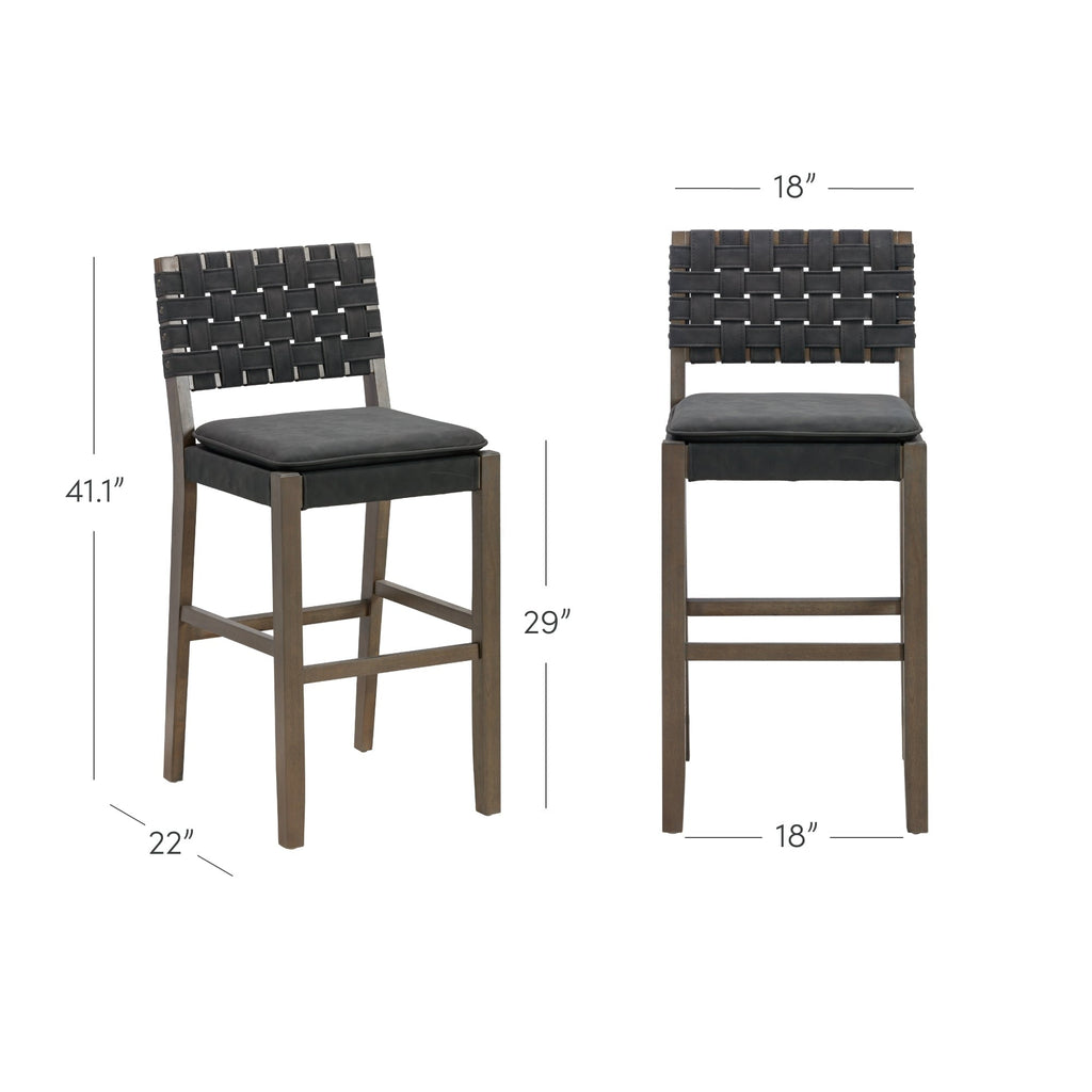 Tabouret de bar ou de comptoir en similicuir Nathan James Cohen, structure en bois massif avec repose-pieds et dossier en cuir tressé