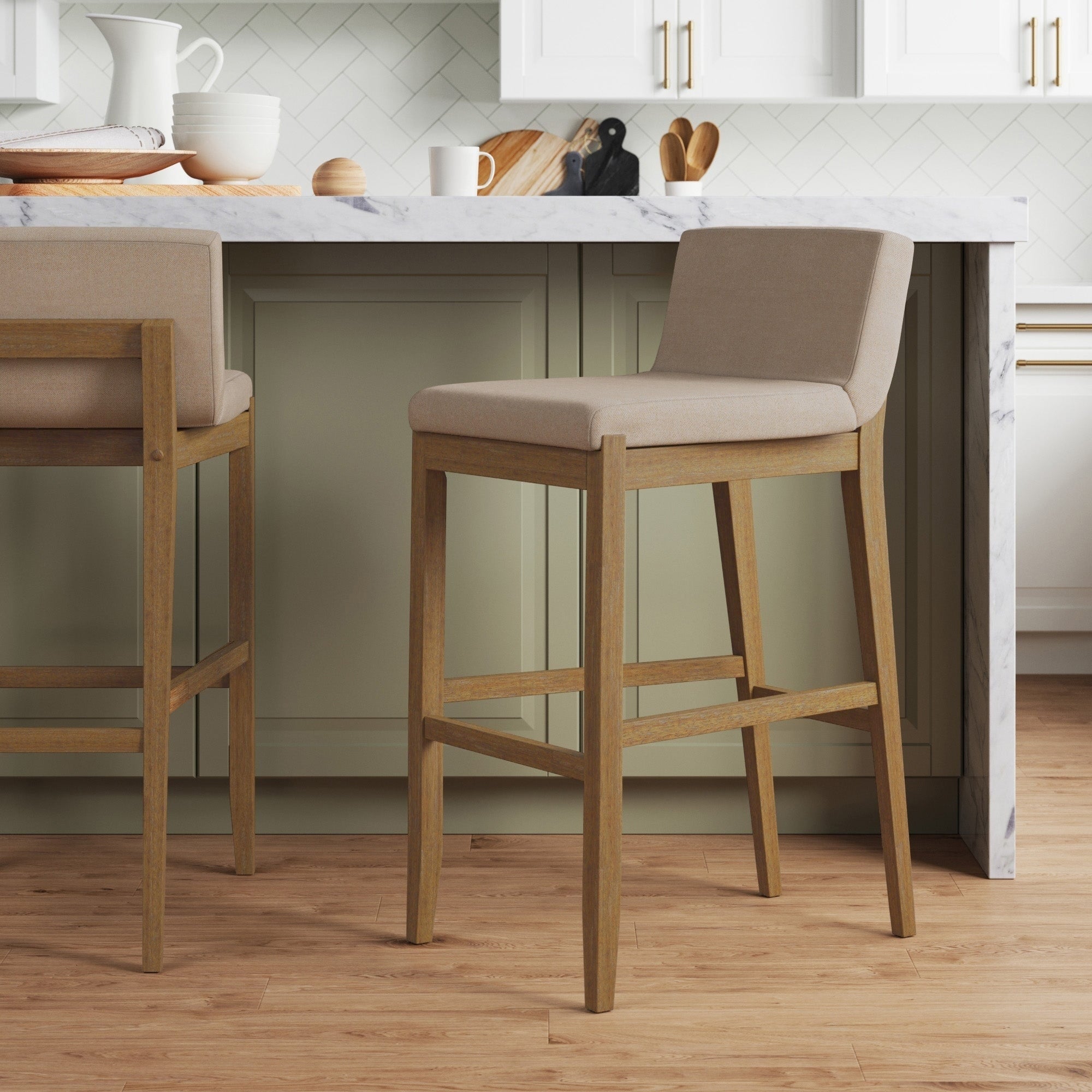 Tabouret de bar moderne Gracie, chaise rembourrée en boucle et pieds en bois brossé