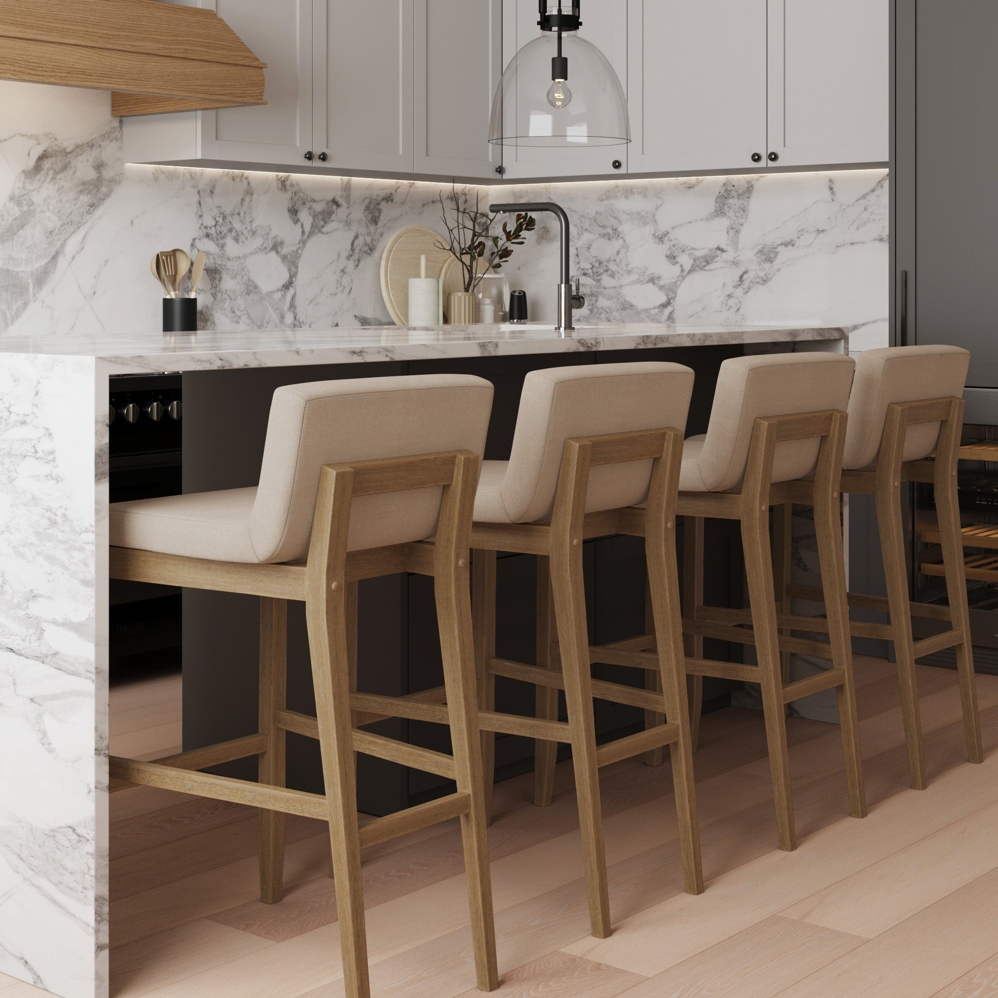 Tabouret de bar moderne Gracie, chaise rembourrée en boucle et pieds en bois brossé