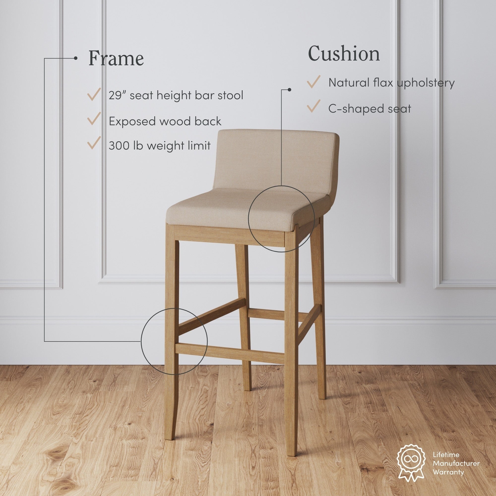 Tabouret de bar moderne Gracie, chaise rembourrée en boucle et pieds en bois brossé