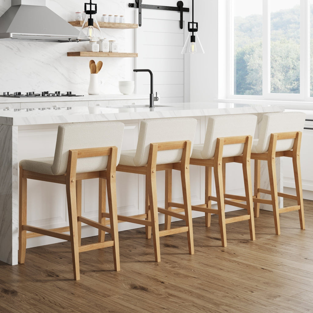 Tabouret de bar moderne Gracie, chaise rembourrée en boucle et pieds en bois brossé
