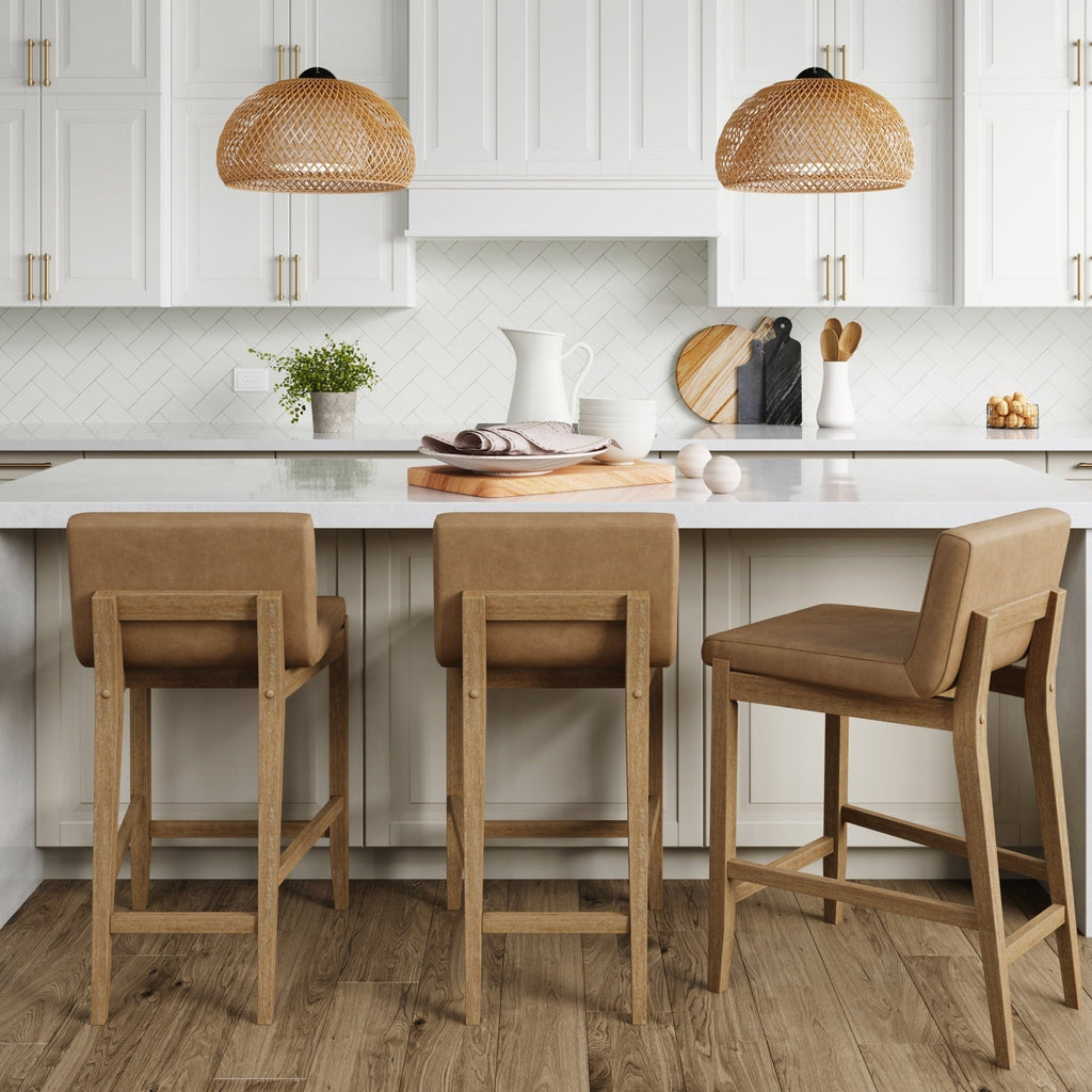 Tabouret de bar moderne Gracie, chaise rembourrée en boucle et pieds en bois brossé