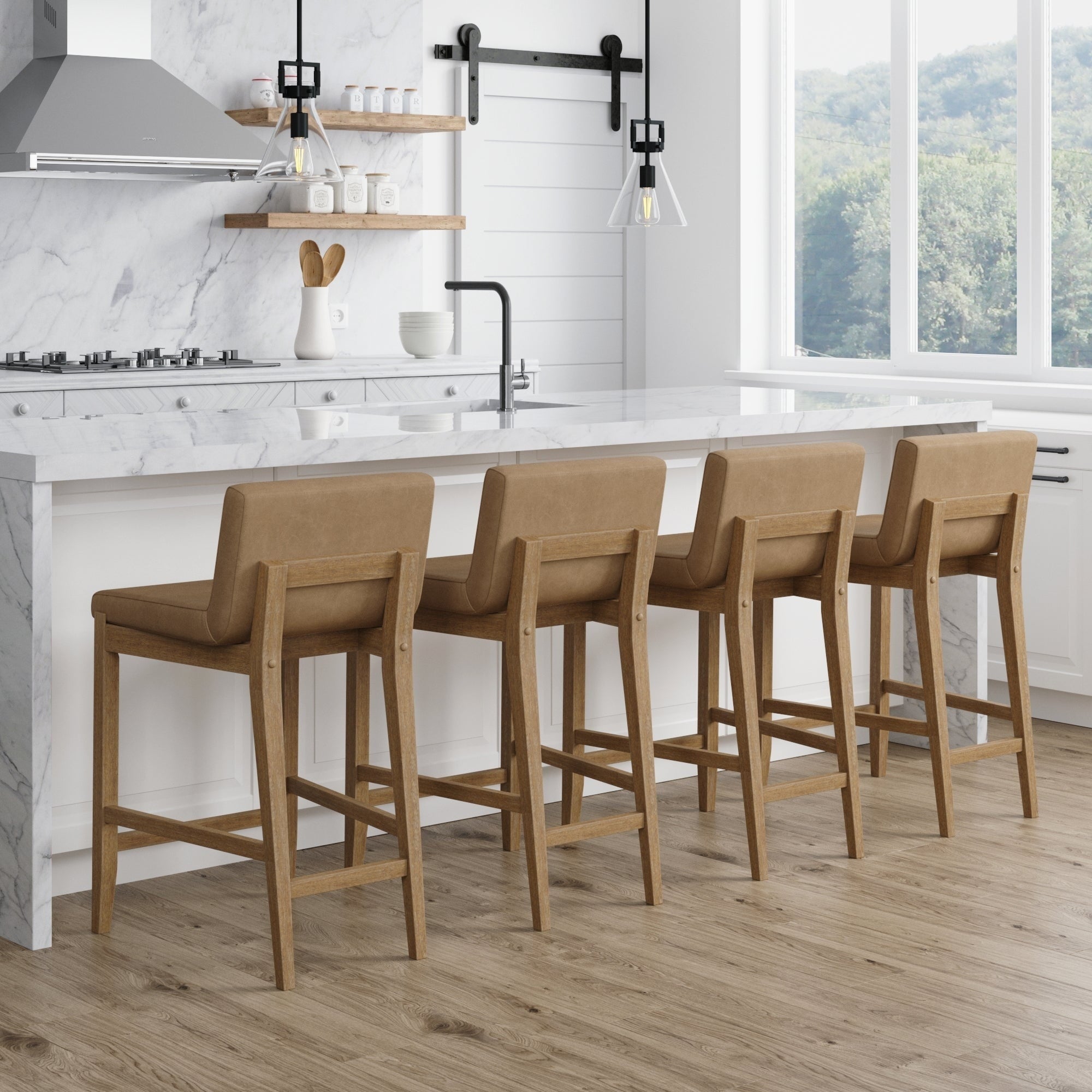Tabouret de bar moderne Gracie, chaise rembourrée en boucle et pieds en bois brossé