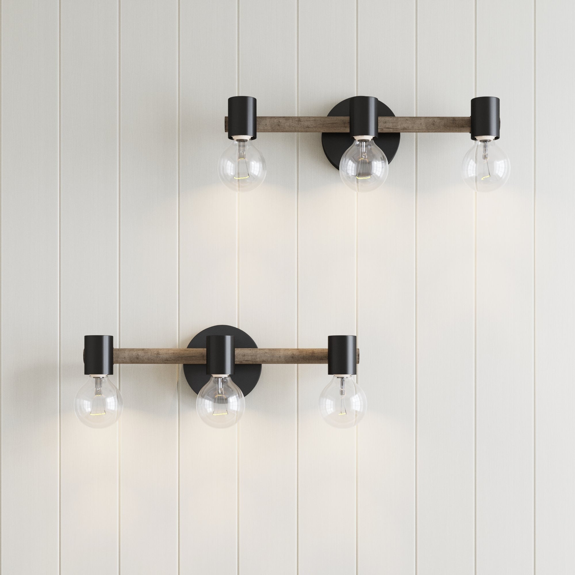 Luminaire de salle de bain 3 lumières style ferme Nathan James Henry en bois brossé et métal noir pour salle de bain et meuble-lavabo