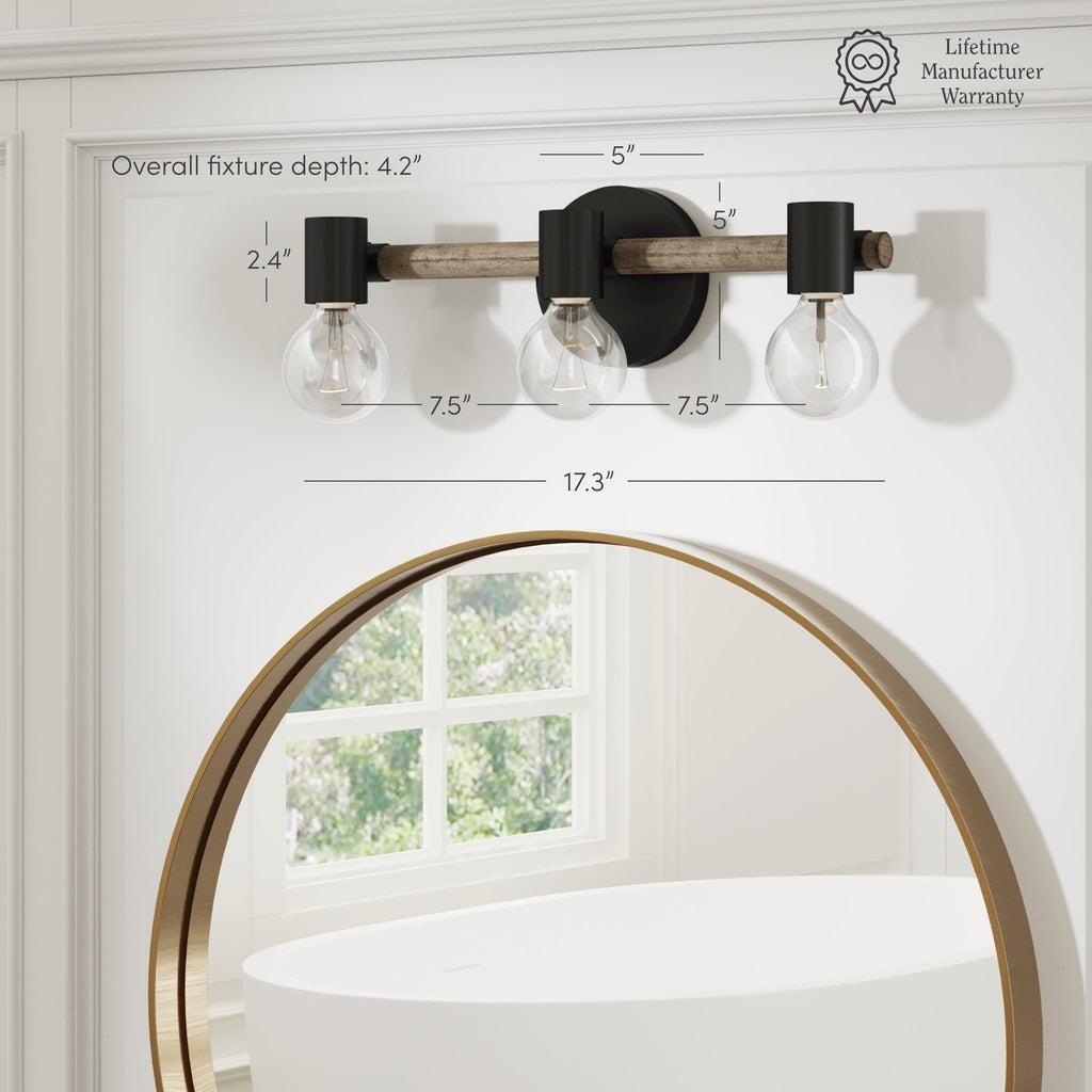 Luminaire de salle de bain 3 lumières style ferme Nathan James Henry en bois brossé et métal noir pour salle de bain et meuble-lavabo
