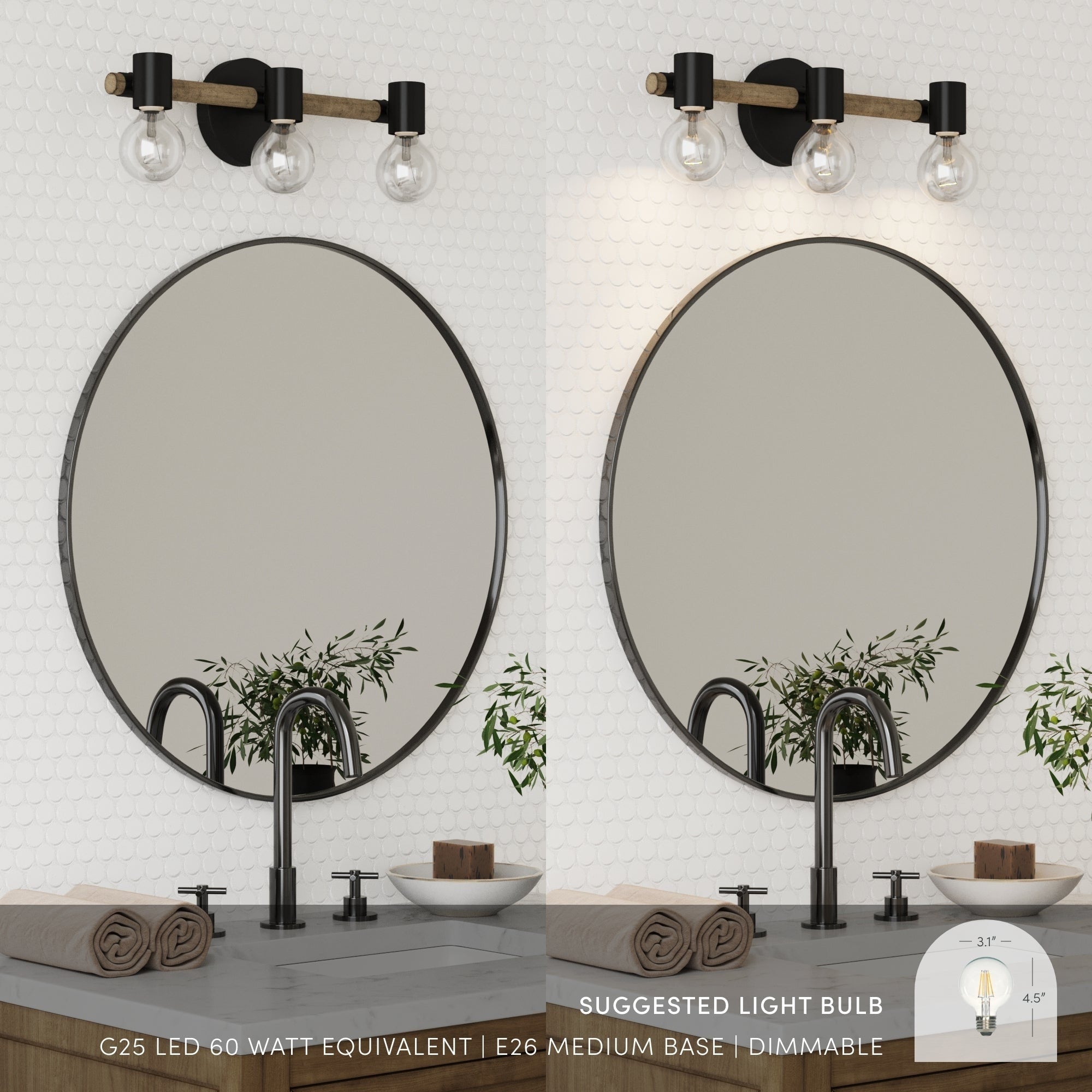 Luminaire de salle de bain 3 lumières style ferme Nathan James Henry en bois brossé et métal noir pour salle de bain et meuble-lavabo
