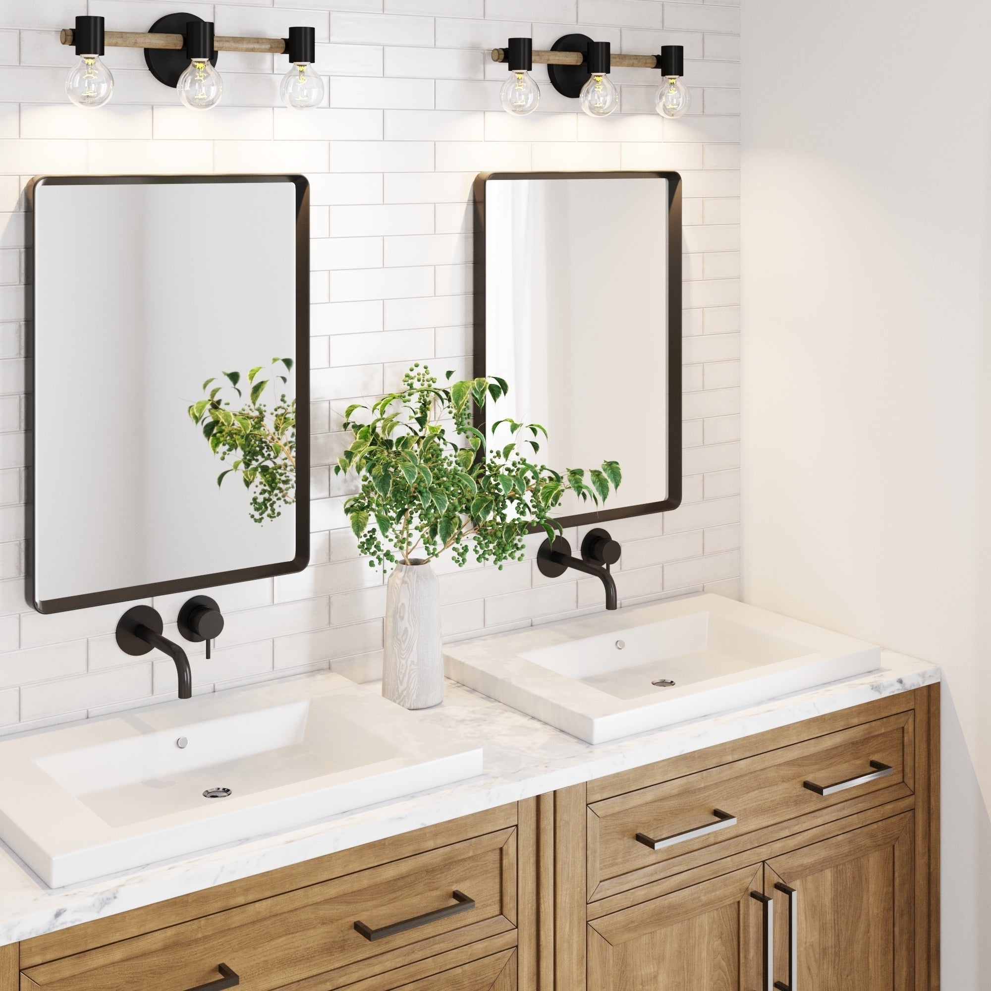 Luminaire de salle de bain 3 lumières style ferme Nathan James Henry en bois brossé et métal noir pour salle de bain et meuble-lavabo