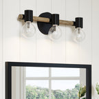 Luminaire de salle de bain 3 lumières style ferme Nathan James Henry en bois brossé et métal noir pour salle de bain et meuble-lavabo