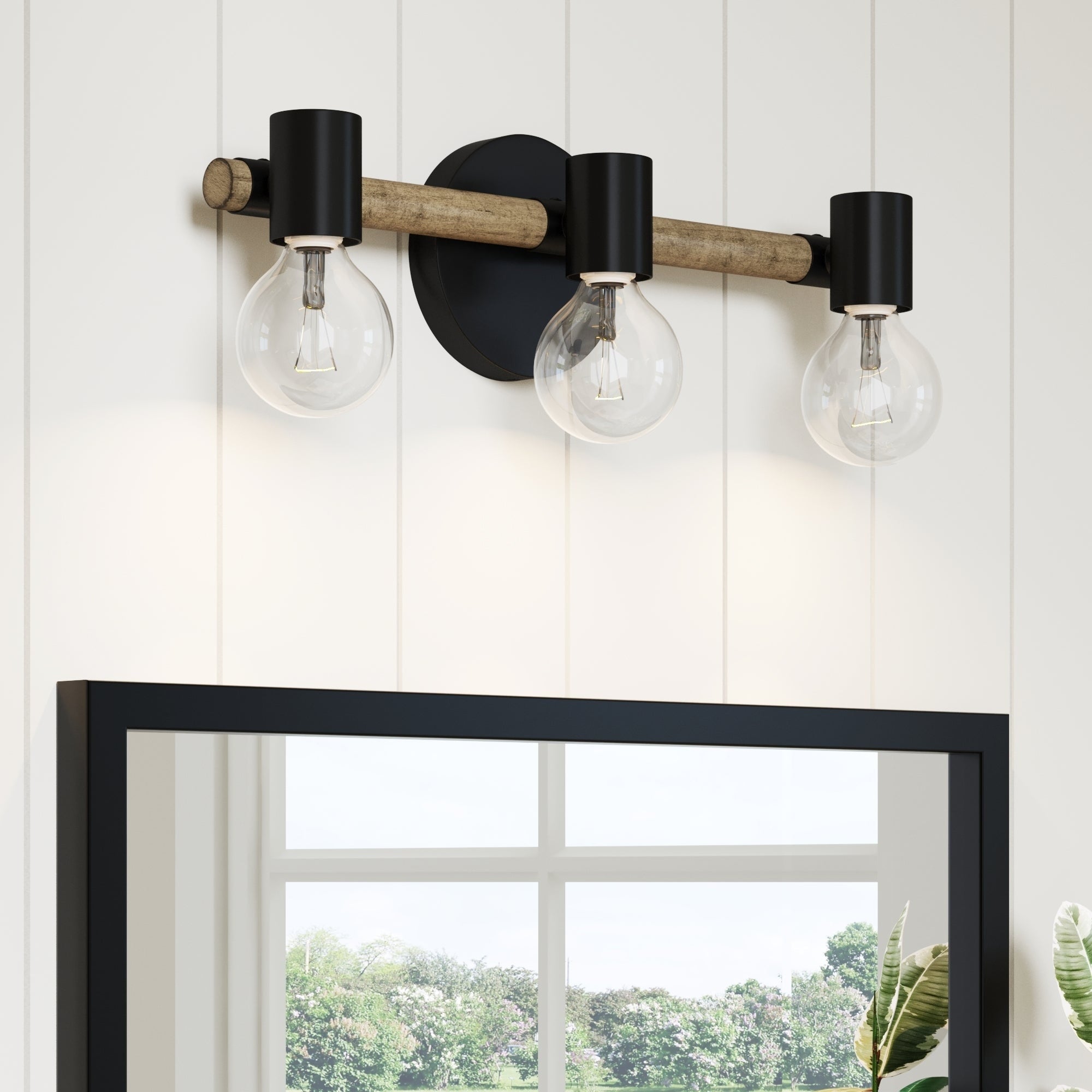 Luminaire de salle de bain 3 lumières style ferme Nathan James Henry en bois brossé et métal noir pour salle de bain et meuble-lavabo