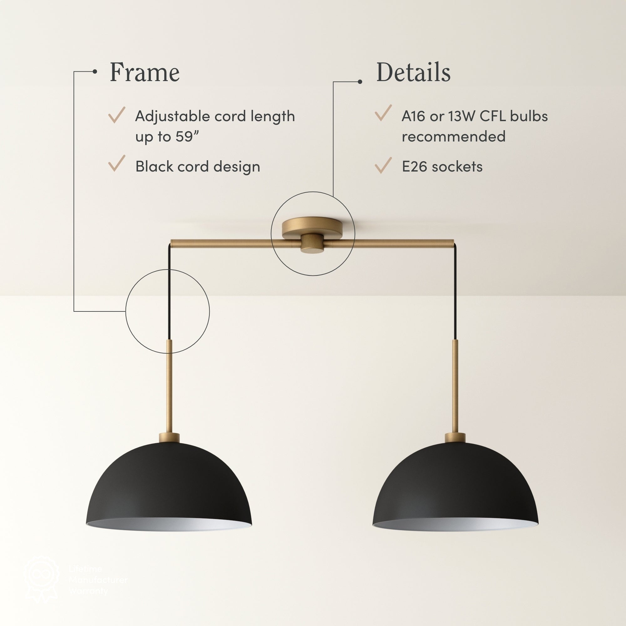 Luminaire suspendu moderne à 2 lumières pour îlot Percy de Nathan James, avec abat-jour en métal et cordon réglable