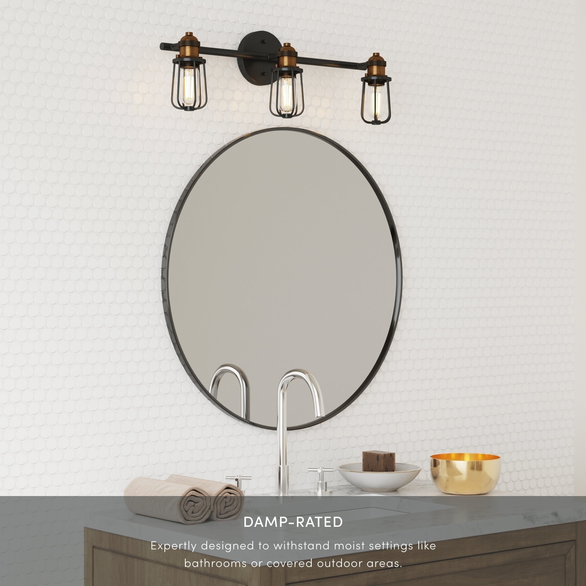 Applique murale d'intérieur Nathan James Rori pour salle de bain, 3 lumières, avec cage de ferme et détails en laiton