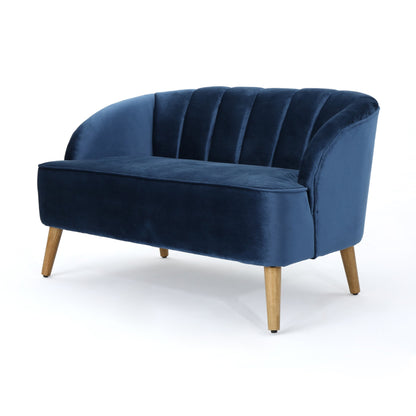 Canapé causeuse en velours bleu marine 50 avec cadre en bois de bouleau et pieds inclinés en bois de bouleau pour le salon