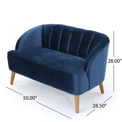 Canapé causeuse en velours bleu marine 50 avec cadre en bois de bouleau et pieds inclinés en bois de bouleau pour le salon