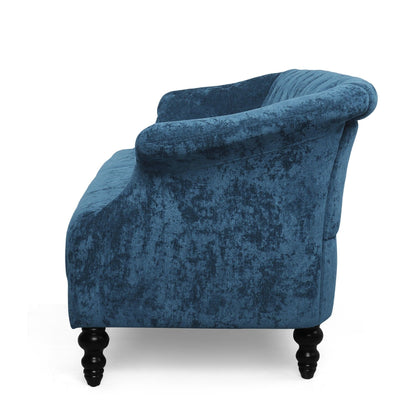 Canapé capitonné en velours bleu marine 75 avec accoudoirs évasés et assise profonde et pieds en bois pour le salon