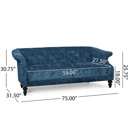 Canapé capitonné en velours bleu marine 75 avec accoudoirs évasés et assise profonde et pieds en bois pour le salon