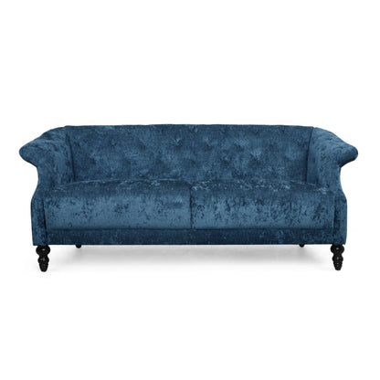 Canapé capitonné en velours bleu marine 75 avec accoudoirs évasés et assise profonde et pieds en bois pour le salon
