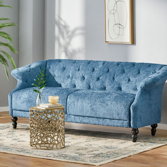 Canapé capitonné en velours bleu marine 75 avec accoudoirs évasés et assise profonde et pieds en bois pour le salon